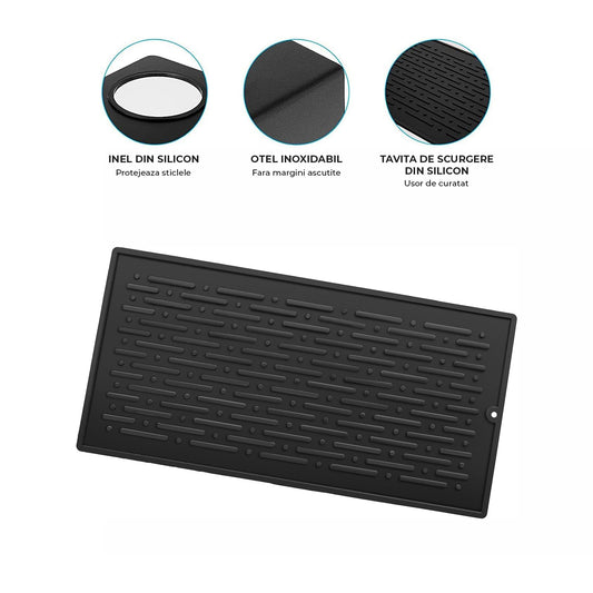 Scurgator de Sticle Elindor® cu 3 Orificii, Suport Scurgere Capace, Material Rezistent Otel Carbon, Ideal pentru Chiuveta in Bucatarie, Bar, cu Scurgere Automata si Ventilatie Completa, Multifunctional, 11 x 33 x 13 cm, Negru