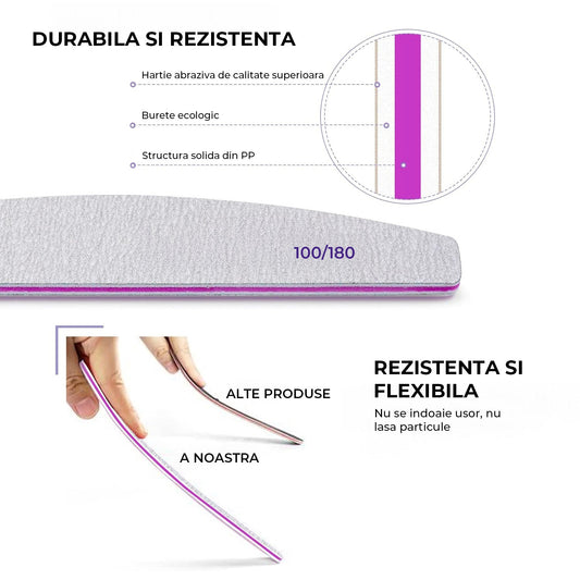 Set 10 Pile Unghii Profesionale Elindor® Granulatie 100/180 Reutilizabile Semiluna pentru Manichiura Pedichiura Unghii Naturale si False, Gri