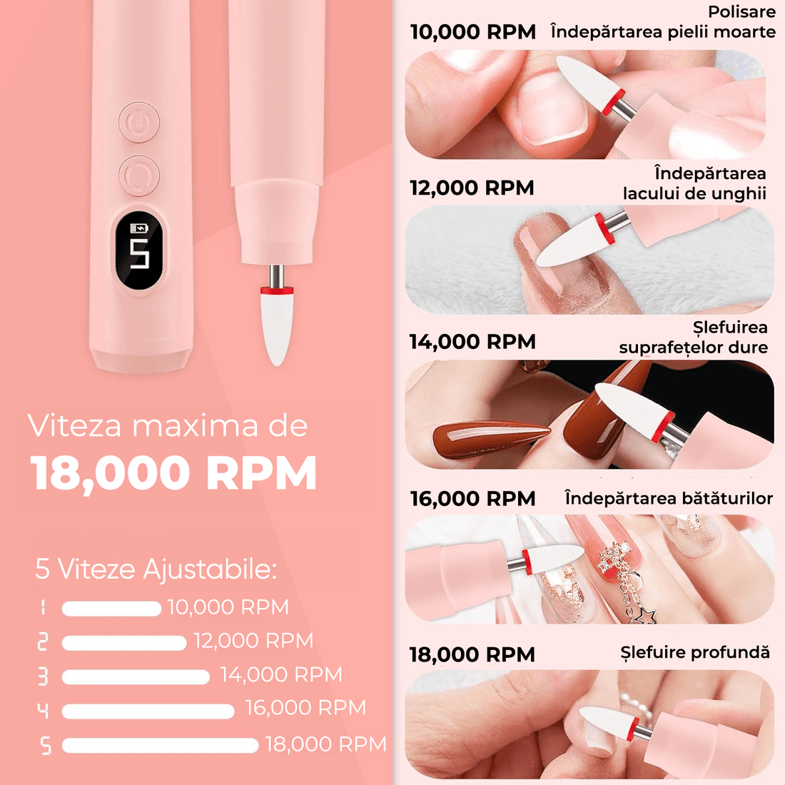 Freza Electrică Unghii Elindor® 18.000 RPM, 6 Capete, Reîncărcabilă, Roz