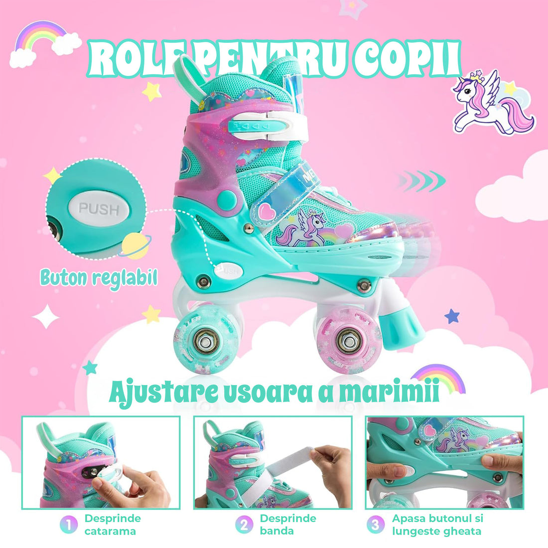 Role Reglabile Elindor® pentru Copii, Fete si Baieti, 4 Roti cu Lumini Quad, Ajutatoare, Rotile din Silicon, Rulmenti ABEC-7, Aluminiu / Poliuretan, Marimea M, 32-36, Model Unicorn, Verde