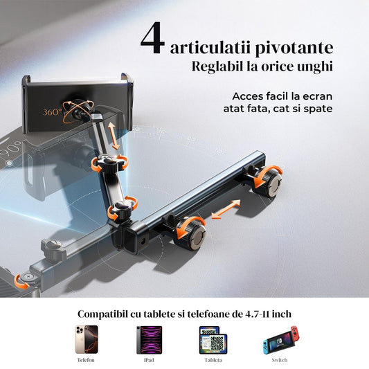 Suport Tableta Auto Elindor® Montare Universala, Compatibil Cu iPad, Switch, Telefon, Capacitate 10 kg, Extensibil, 4.7-11 inch, Otel, Negru