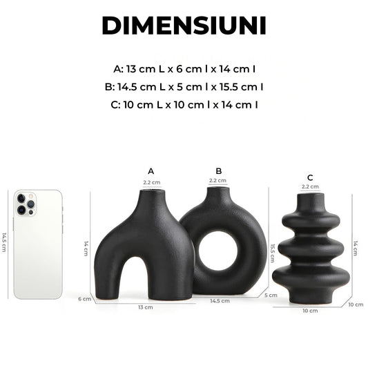 Set 3 Vaze Ceramica Elindor® cu Forme Abstracte, Decor Contemporan, Dimensiuni Diferite, Negru