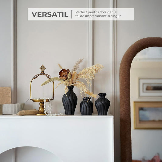 Set 3 Vaze Ceramice Elindor® din Ceramica de Inalta Calitate cu Design Ondulat, Decor Elegant Pentru Casa, Negru