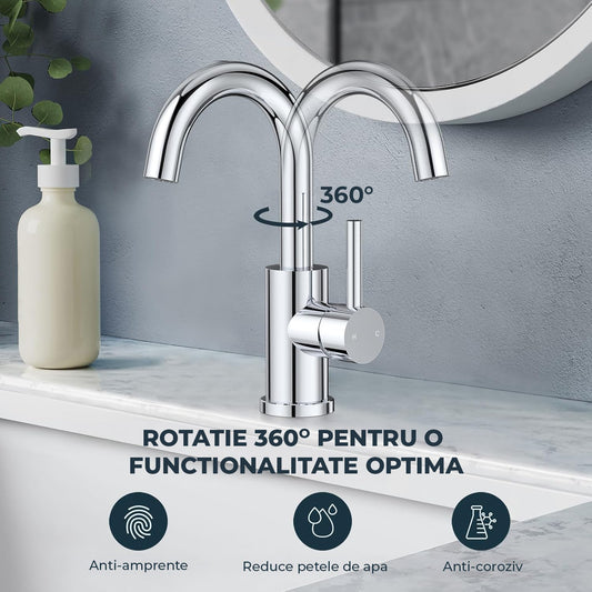 Baterie Chiuveta Argintie Baie Elindor®, cu Pipa Rotativa 360°, Monocomanda, Robinet din Otel Inoxidabil, Jet Larg, Montaj pe Chiuvetă sau Blat, Design Modern, Finisaj Periat Lucios