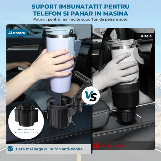 Suport Auto Elindor® 2 in 1pentru Telefon si Pahar, Baza Reglabila si Brat 360°, Prindere in Cupholder, Accesorii Masina, Negru