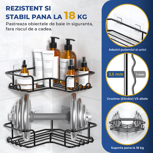 Set 5 Rafturi de Dus Elindor® Polita cu Adeziv, Etajera de Baie pentru Colt, Raft cu Carlige, din Otel Carbon, Suport Prosop si Sapun, Organizator Baie sau Etajere Depozitare in Bucatarie, Accesorii Sanitare, Negru