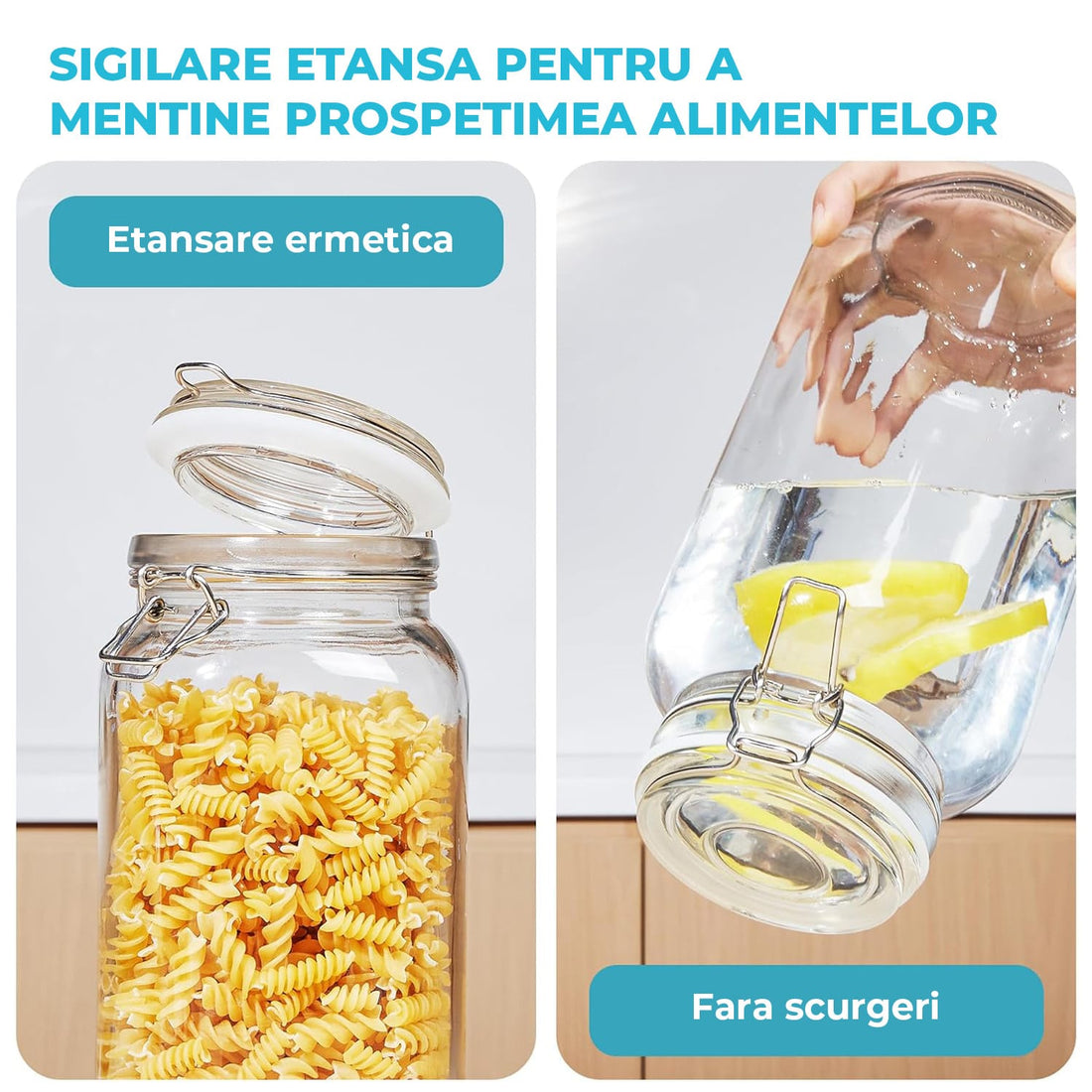 Set 3 Borcane Sticla 2.3L Elindor®, Capace Groase , Depozitare Etansa pentru Alimente, Transparent