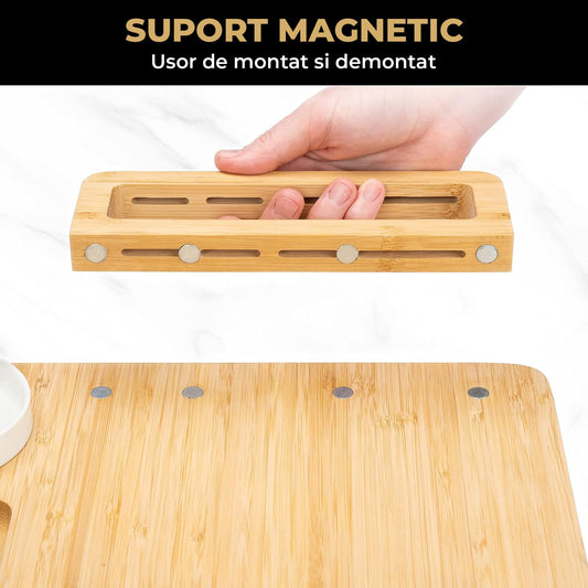 Set Platou Servire Elindor® din Bambus Natural, cu Suport Magnetic, Cutite Branzeturi, Boluri Ceramice si Furculite – Ideal pentru Aperitive, Fructe, Cadouri Casa Noua, Nunta sau Petreceri, Set Elegant si Practic