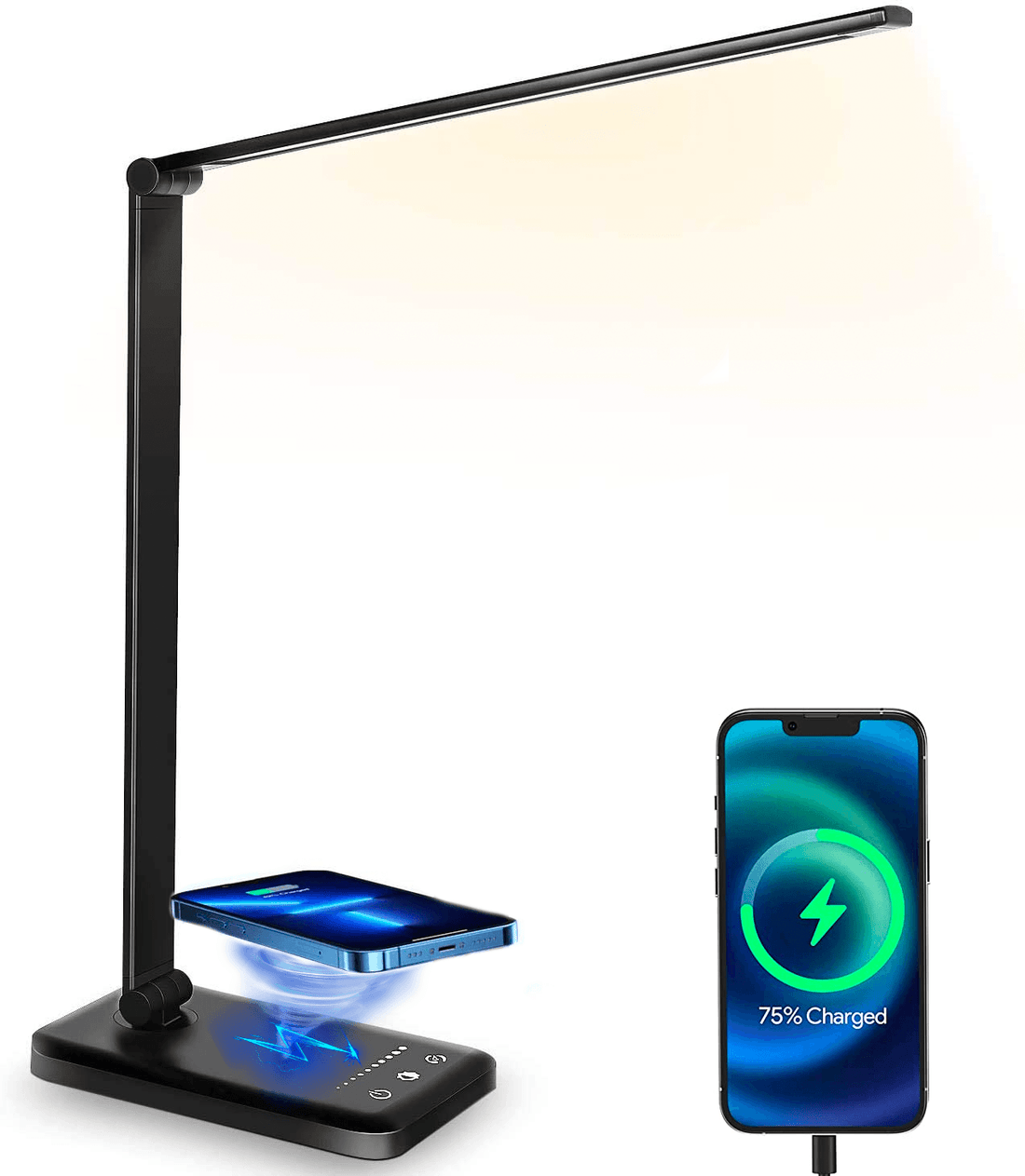 Lampa LED Birou Elindor® Cu Incarcare Wireless, 5 Moduri Lumina, 10 Intensitati, Control Tactil, Ajustabila, USB, 450lm, Negru