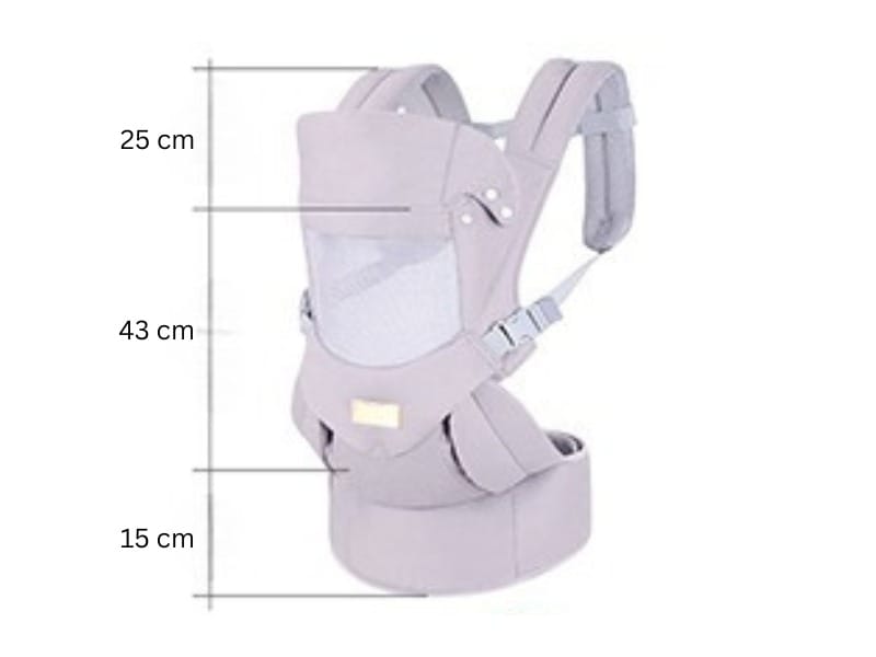 Marsupiu ergonomic pentru bebeluși, cu suport reglabil pentru cap și suport lombar, poziții spate sau rucsac, gri deschis.