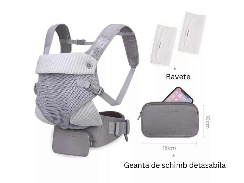 Marsupiu ergonomic pentru bebe, cu buzunar și suport lombar, poziții spate sau rucsac, gri-alb