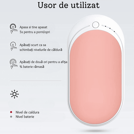 Încălzitor de Mâini Elindor® 5200mAh, Powerbank, USB-C, 12W, 3 Trepte, 4-8 Ore, Roz