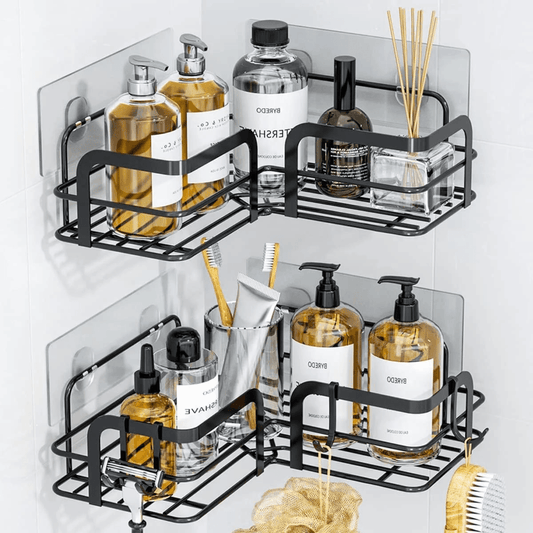 Raft de Duș Colțar, Etajeră pentru Baie, Oțel Inoxidabil, Set 2 Rafturi, Negru