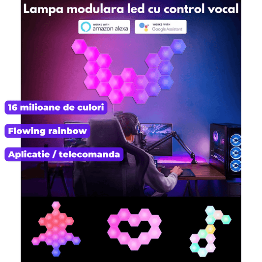 Lampă LED Modulară de Perete, Kit 6 Panouri Hexagon RGBI, Wi-Fi, Bluetooth, Sincronizare Muzicală, Compatibilă iOS/Android, Alexa & Google Assistant, Telecomandă, Dimmer, Timer, Multicolor