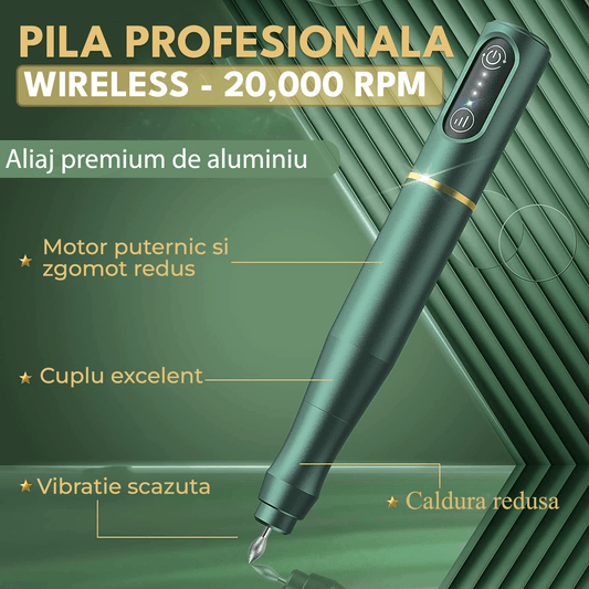 Freză unghii profesională wireless, 20.000 RPM, 6 capete, 60 benzi de șlefuire, verde