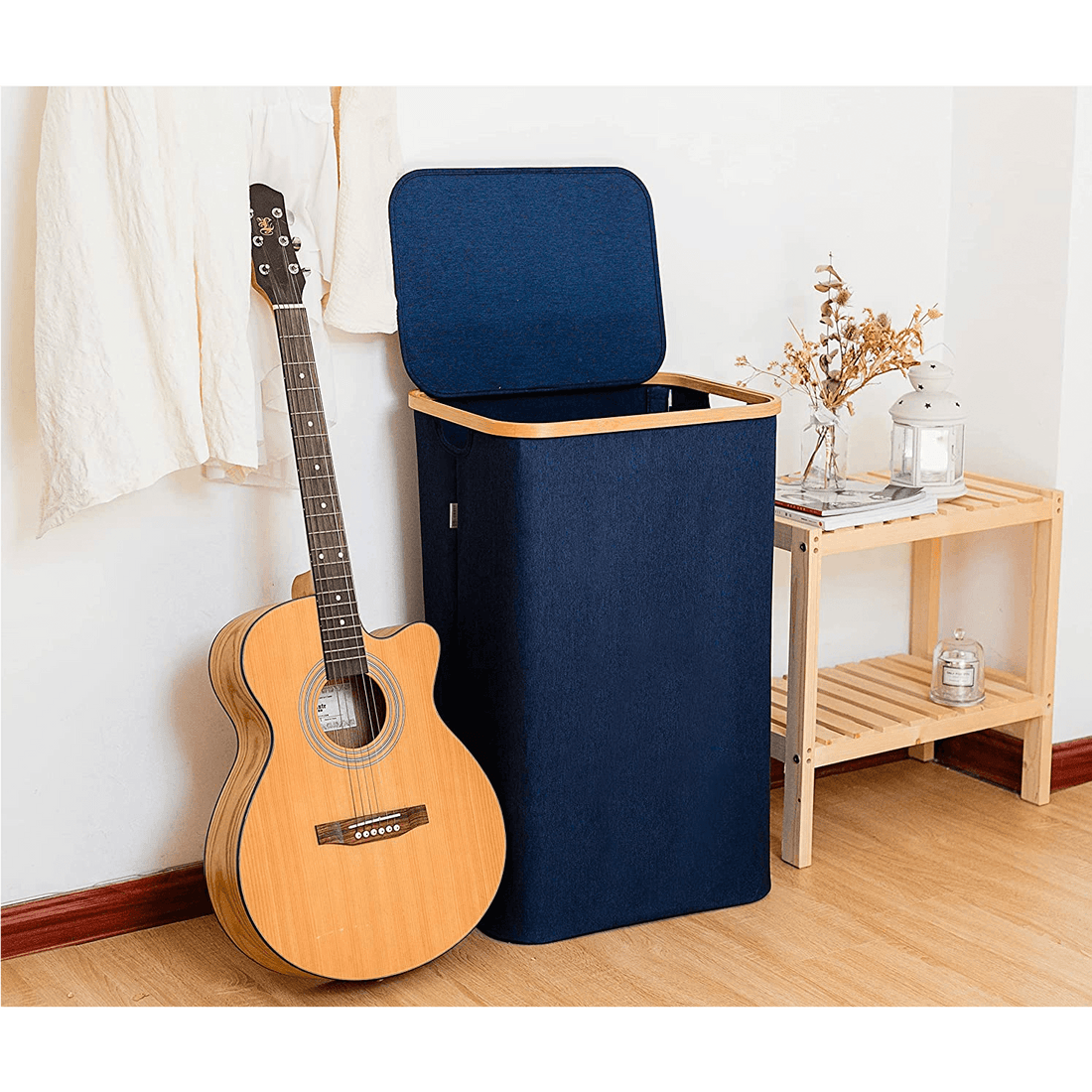 Coș de Rufe Bambus, Pliabil, cu Capac și Sac Detașabil, 100 L, 74 x 41 x 33 cm, Material Textil, Albastru