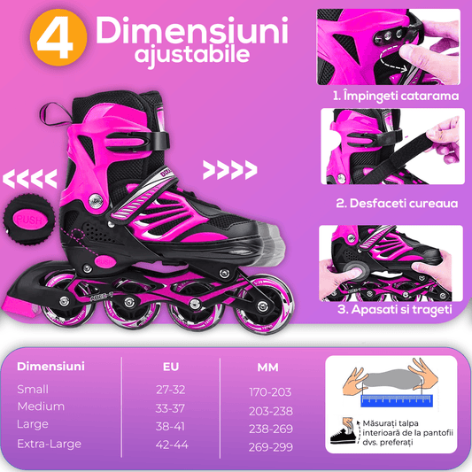 Role Reglabile M 33-37, Roți Luminoase Silicon, Rulmenți ABEC-7, Roz