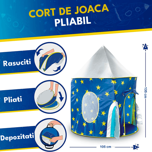Cort de joacă pentru copii pliabil, rachetă spațială, cu perdea moale și plasă de ventilare, cadru rezistent, interior/exterior, 135 x 105 cm, albastru.