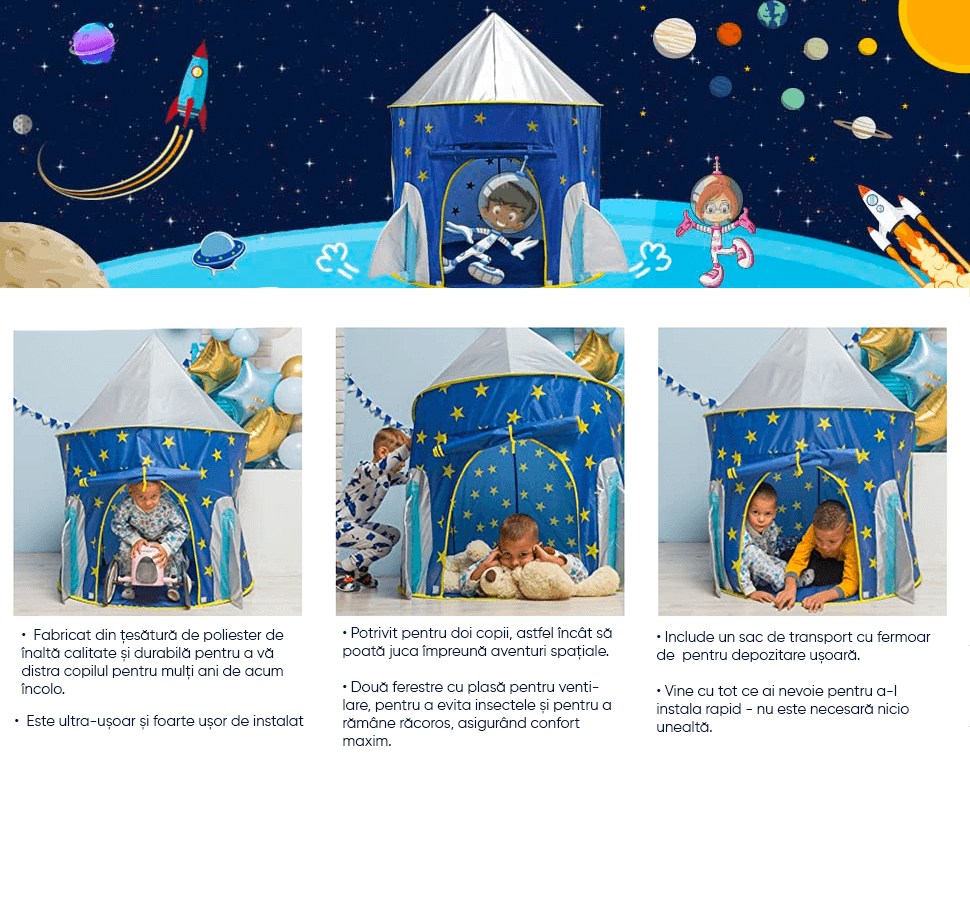 Cort de joacă pentru copii pliabil, rachetă spațială, cu perdea moale și plasă de ventilare, cadru rezistent, interior/exterior, 135 x 105 cm, albastru.