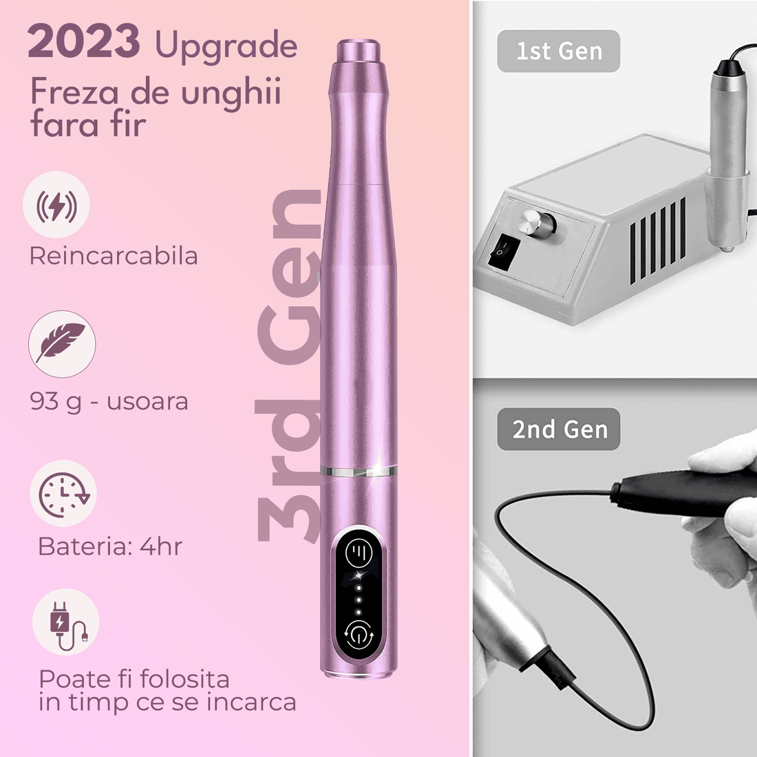 Freză unghii profesională wireless, 20.000 RPM, 6 capete, 60 benzi de șlefuire, roz