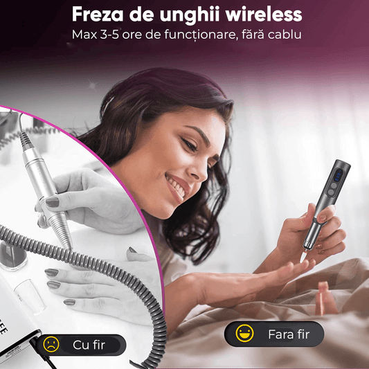Freză unghii profesională wireless, 18.000 RPM, 12 capete, 36 benzi de șlefuire, neagră