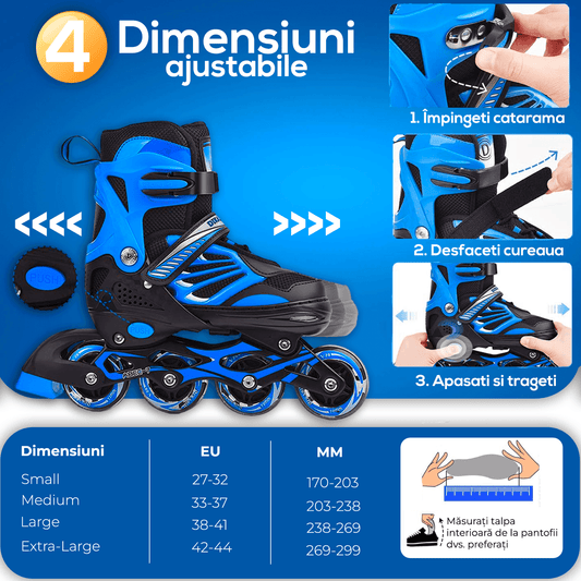 Role Reglabile L 38-41, Roți Luminoase Silicon, Rulmenți ABEC-7, Albastru