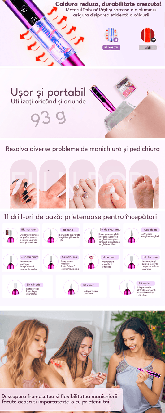 Freză unghii profesională wireless, 30.000 RPM, 7 capete, 5 viteze, roz/mov