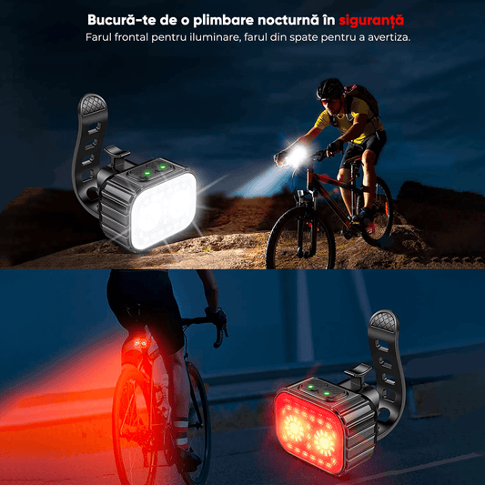 Set Lumini Bicicletă 21 LED-uri, 500 Lumeni, IPX6, USB Reîncărcabil 1100mAh, 4 Moduri, Alb/Roșu