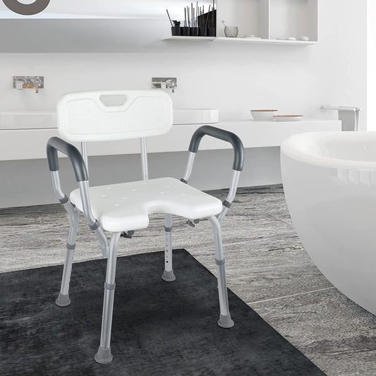 Scaun pentru Cada si Dus Elindor® cu Spatar si Maner Detasabile, Scaun Baie pentru Varstnici, Seniori si Persoane cu Dizabilitati, Ajustabil pe Inaltime, Greutate Maxima Suportata 150 kg, 40 × 53 × 70–86 cm, Alb/Gri