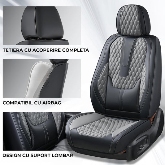 Set 2 Huse Scaune Auto Elindor®, Piele Nappa, Protectie Scaun Sofer, Montaj Rapid, Husa Impermeabila, Acoperire Spatar si Sezut, Accesorii Masina Interior, Universale Compatibile cu VW, Dacia, Renault, BMW, Ford, Skoda, Hyundai, Gri
