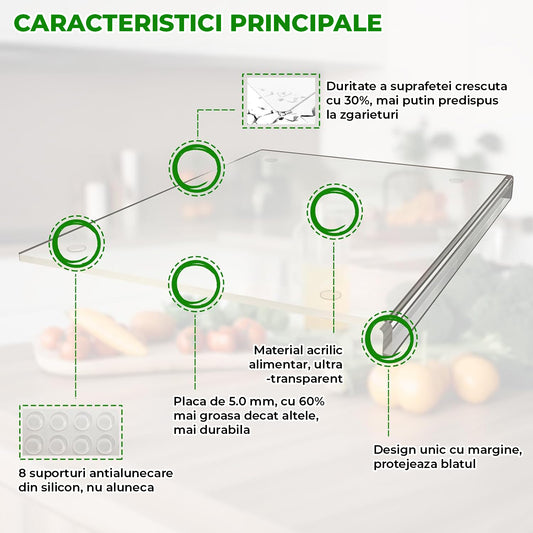 Tocator Bucatarie Elindor®, Acrilic Transparent cu Margine pentru Blat, fara Maner, Ideal pentru Taierea si Servirea Legumelor, Fructelor, Branzeturilor sau Carnii, 45 × 35 × 2.5 cm