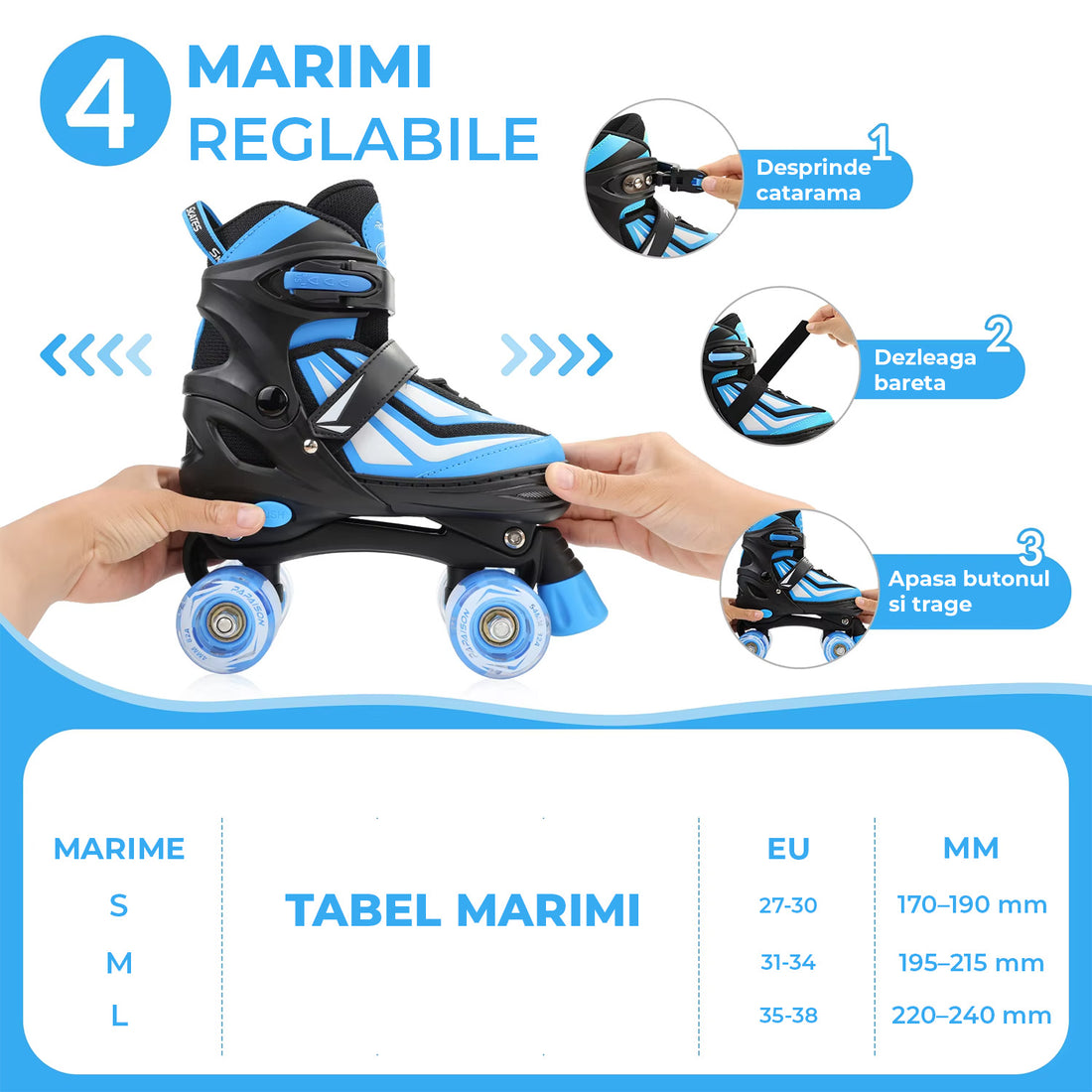 Role Reglabile Elindor® pentru Copii, Fete si Baieti, 4 Roti cu Lumini Quad, Rotile Ajutatoare, Rulmenti ABEC-7, Aluminiu / Poliuretan, Marimea M, 31-34, Model Uni, Negru / Albastru