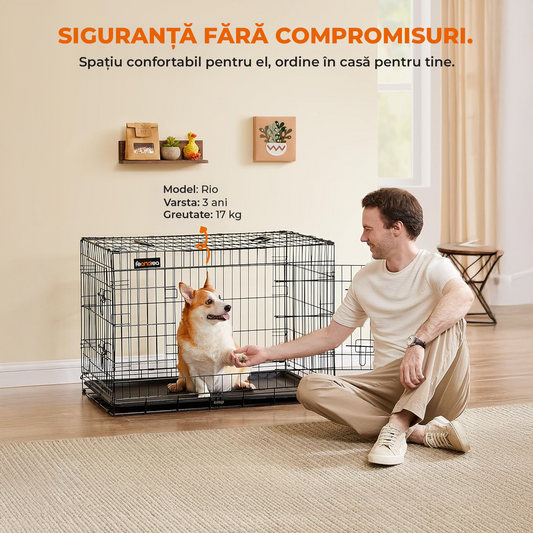 Cusca pentru Animale Elindor® Pliabila, Potrivita pentru Caini de Talie Medie de 12.5 Kg, Utilizare in Interior si Exterior sau Calatorii, cu 2 Usi, Baza din Plastic Detasabila, 2 Manere pentru Transport, Marime L, 76.5 × 48 × 57 cm, Negru