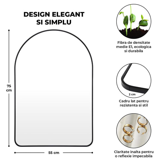 Oglinda de Perete Elindor® Arcuita 55x75 cm, Reflexie HD, Rama Neagra