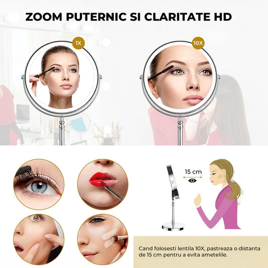 Oglinda Cosmetica Elindor® LED, Marire 10X, 3 Culori de Lumina, Baterie 2000mAh, Diametru 20 cm, Argintiu