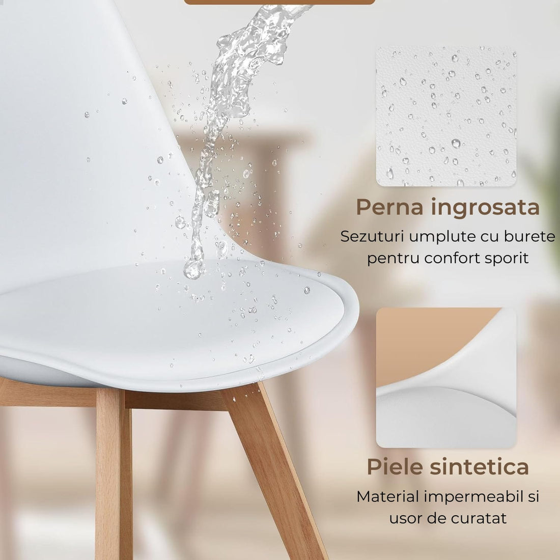 Set 4 Scaune Elindor® Stil Retro, Piele Ecologică și Picioare din Lemn, Albe