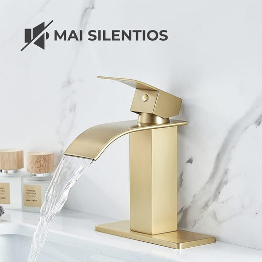 Baterie de baie Elindor finisaj auriu periat, moderna, tip cascada, un maner, pentru chiuvete cu 1 sau 3 orificii, inclus placa de baza si furtun