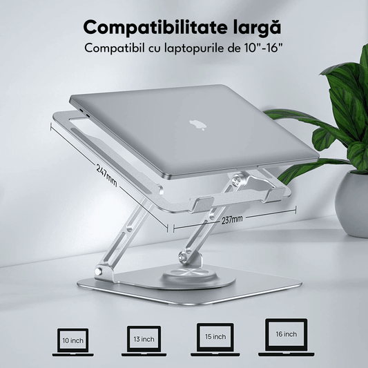 Suport Laptop Ergonomic, Pliabil, Bază Rotativă 360°, Aluminiu și Silicon, 10-16”, Argintiu