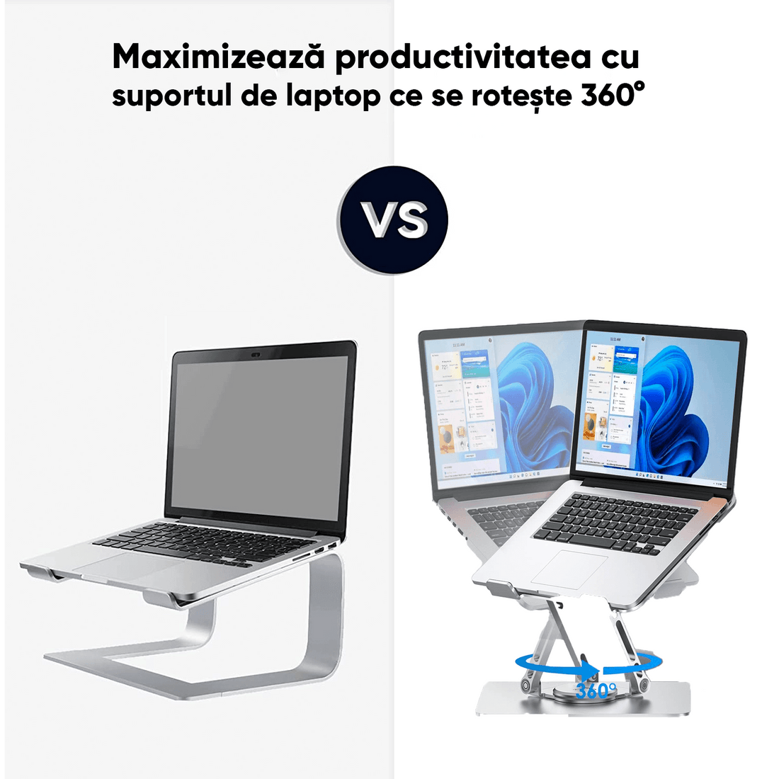 Suport Laptop Ergonomic Reglabil, Bază Rotativă 360°, Aluminiu și Silicon, Pliabil, 10-17”, Argintiu