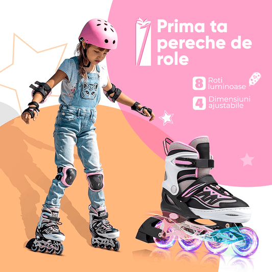 Role Reglabile S 29-32, Roți Luminoase Silicon, Rulmenți ABEC-7, Alb/Roz