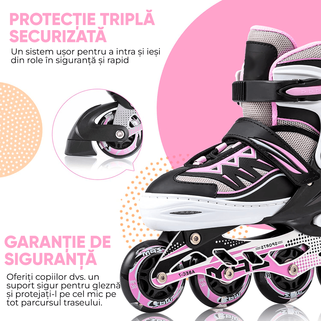 Role Reglabile S 29-32, Roți Luminoase Silicon, Rulmenți ABEC-7, Alb/Roz