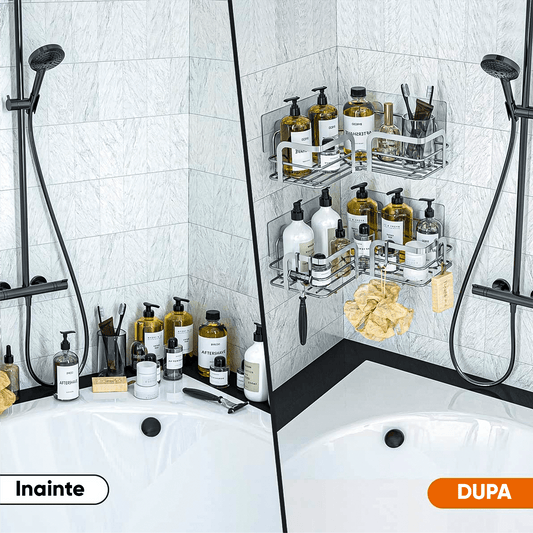 Raft de Duș Colțar, Organizator Baie, Oțel Inoxidabil, 2 Rafturi, Argintiu