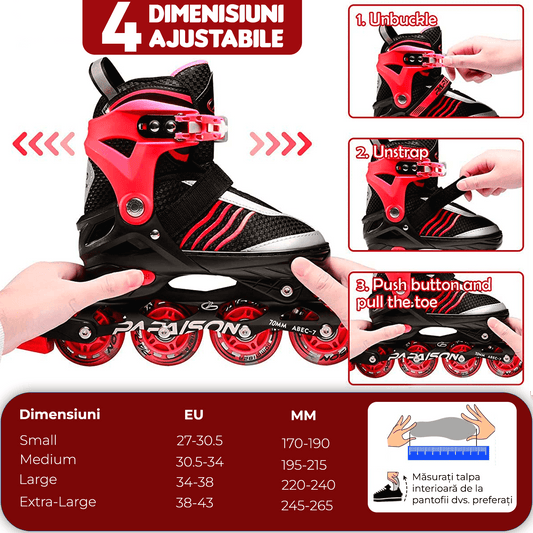 Role Reglabile S 28-31, Roți Luminoase Silicon, Rulmenți ABEC-7, Roșu