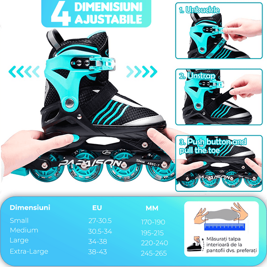 Role Reglabile S 27-30,5, Roți Luminoase Silicon, Rulmenți ABEC-7, Turcoaz