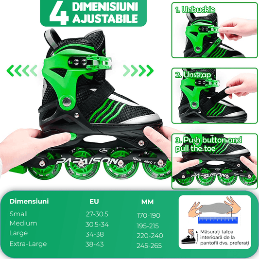 Role Reglabile S 28-31, Roți Luminoase Silicon, Rulmenți ABEC-7, Verde