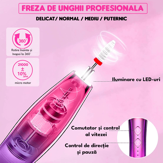 Freză unghii profesională wireless, 20.000 RPM, LED, 11 capete, 6 benzi, roz mov