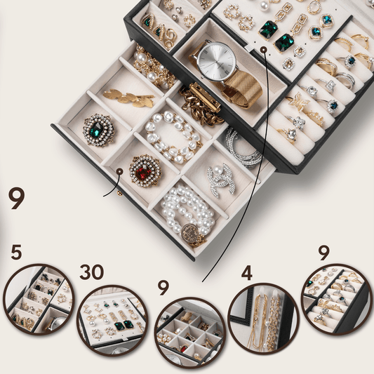 Cutie Bijuterii cu Cheie, 2 Nivele & Sertar, Catifelată, Piele Ecologică Neagră, 23 x 17 x 10.5 cm