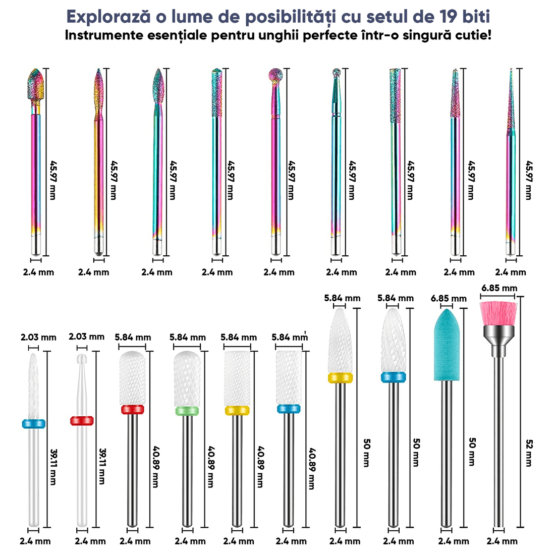 Set 19 biți freză unghii, 2 rotunde, 6 cuticulă, 2 cilindri, 1 perie, 8 ceramici, multicolor