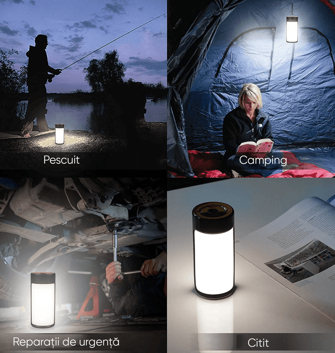 Lanterna LED Felinar Portabilă, Power Bank, Reîncărcabilă, 800LM, IPX4, 1800mAh, 2 Bucăți, Neagră