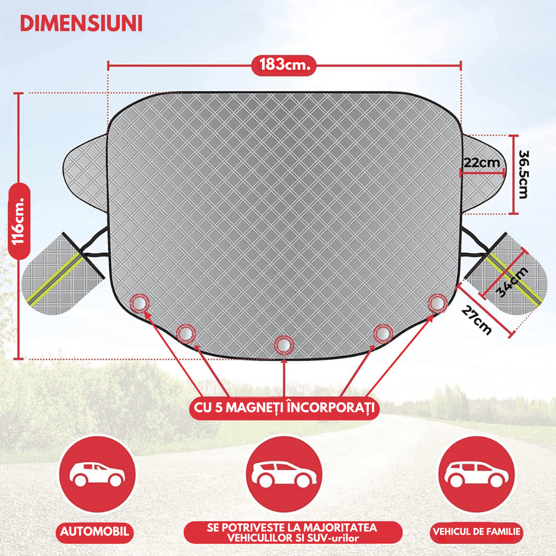 Parasolar pentru Parbriz și Oglinzi, Anti-Igheț, cu 5 Magneți și Bandă Reflectorizantă, Material cu 4 Straturi, Universal, 183 x 116 cm